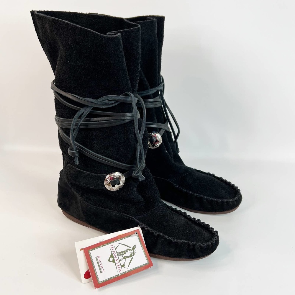 Bastien Hiawatha Moccasin Boots Size 9 Black Suede Leather Huron Native Made